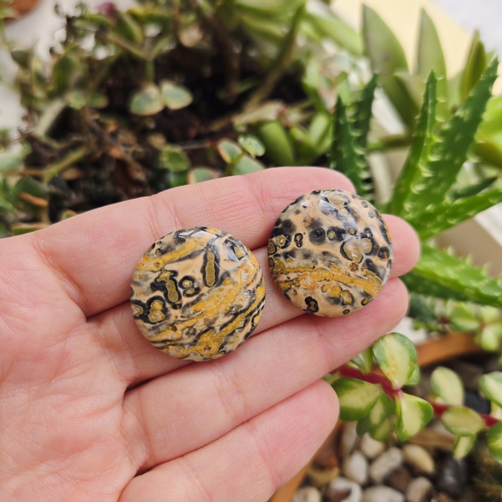 Vintage Leopard Skin Jasper Oversized Studs Chunky Stone Stud Earrings - Picture 4 of 9